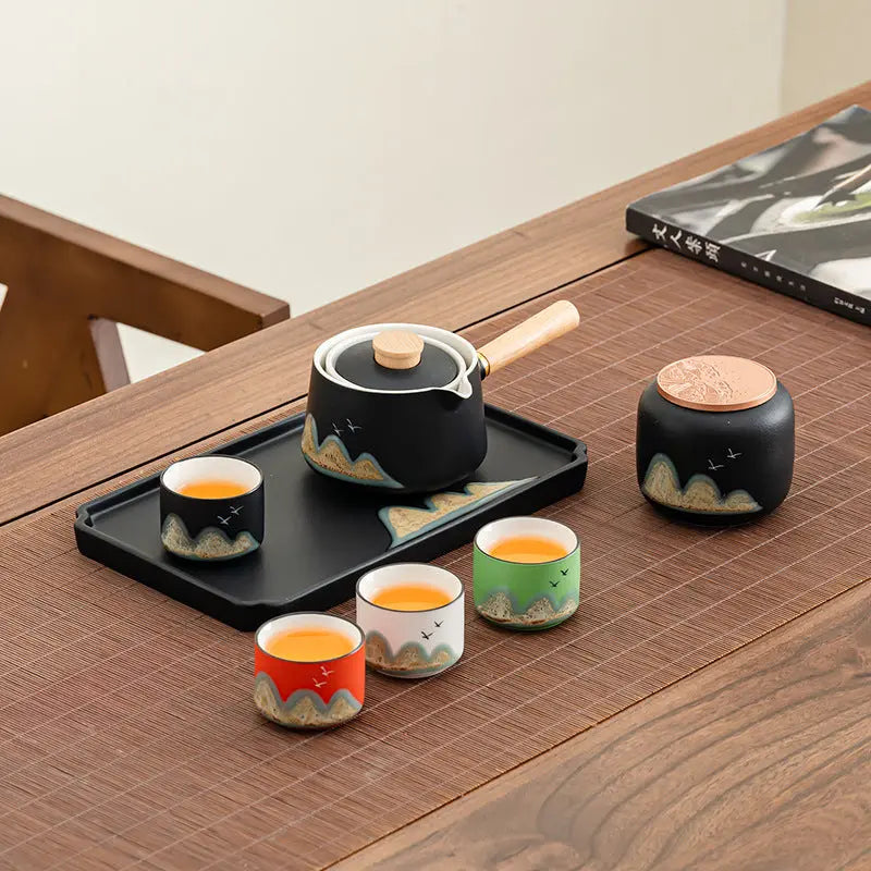 Fanquare Service à Thé Kung Fu Chinois En Porcelaine Noire Avec Réchauffeur Et 4 Tasses - Set De Voyage