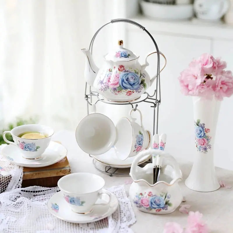Service à thé oiseau et fleur pour un ensemble, théière bleu rose