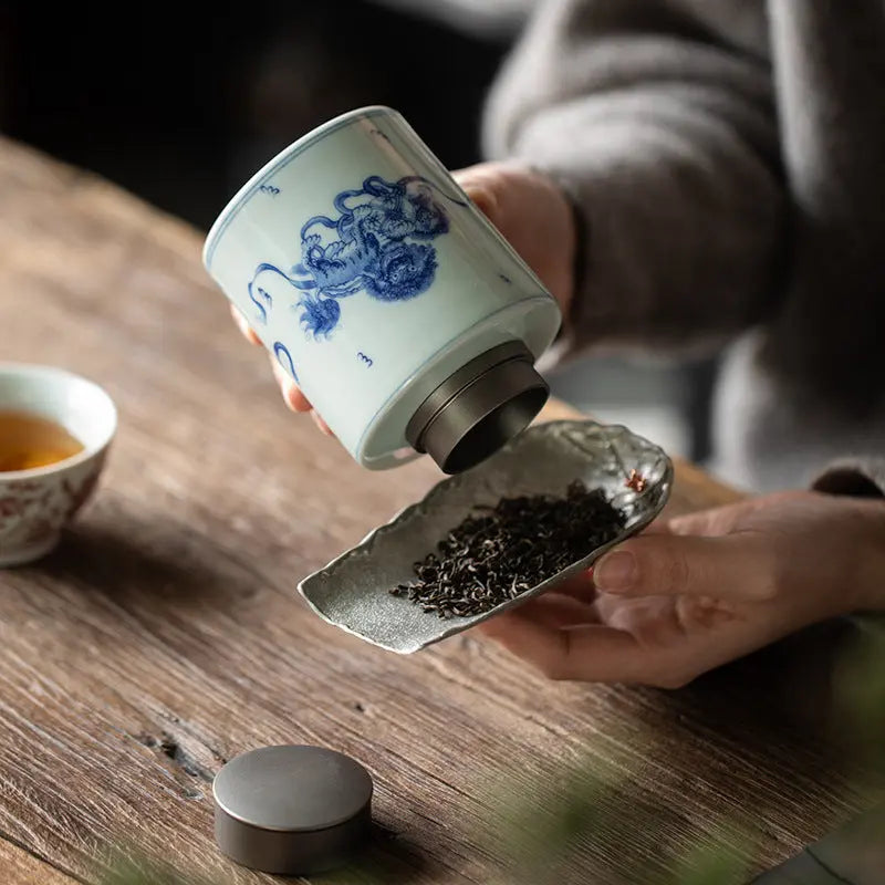 Boîte à thé Chinoise Blanche et Bleue en Céramique