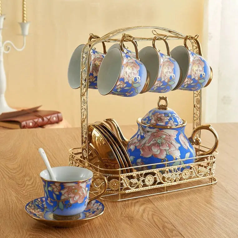Service à thé Anglais Bleu et Doré en Porcelaine