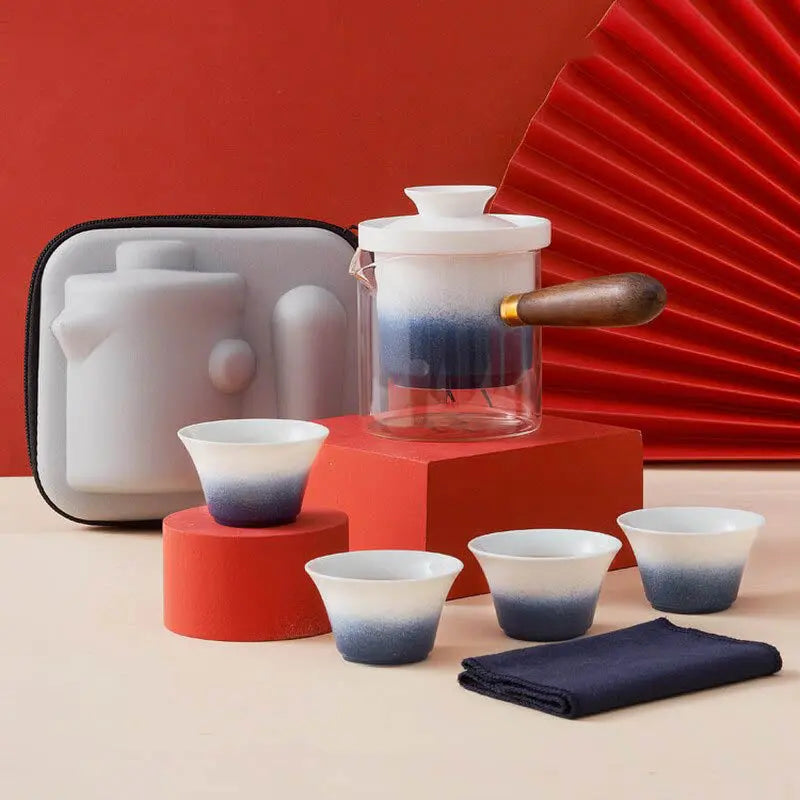 Service à Thé Japonais Kyusu En Céramique - 1 Théière 320 Ml + 4 Tasses 110 Ml - Motifs Fleurs Bleues - Pour Thé Vert Sencha, Gyokuro
