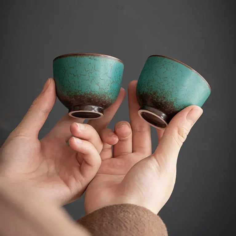 Tasses à Thé Japonaises Kutaniyaki - Lot De 2 (Yunomi) - Motif Cerisier Et Oiseaux - Céramique Artisanale