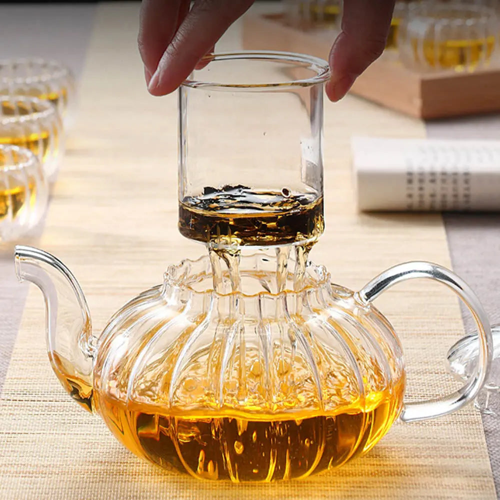 Théière En Verre Résistante à La Chaleur Avec Infuseur Amovible - Design Citrouille Vert élégant, 600 Ml, Pour Maison Et Bureau