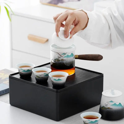 Service à thé japonais transportable en céramique motifs montagnes