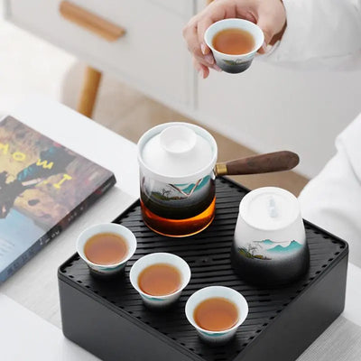 Service à thé japonais transportable en céramique motifs montagnes