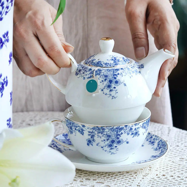 SLEA Théère Teapot fne porcelane Bleue taupe et dorée Hauteur 11 cm