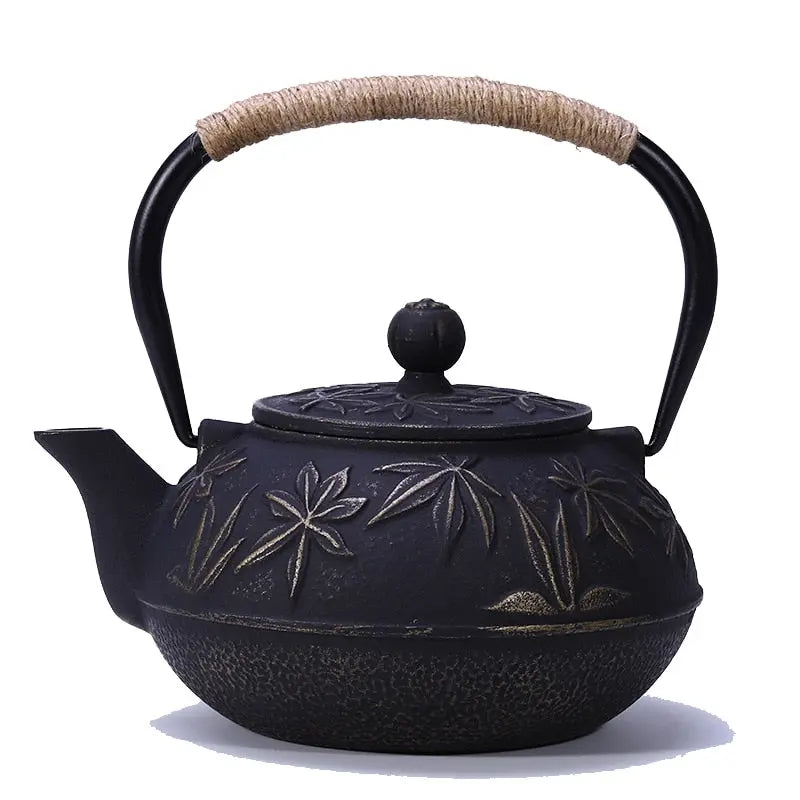Théière Japonaise en Fonte Noire Motifs Feuilles 900ml