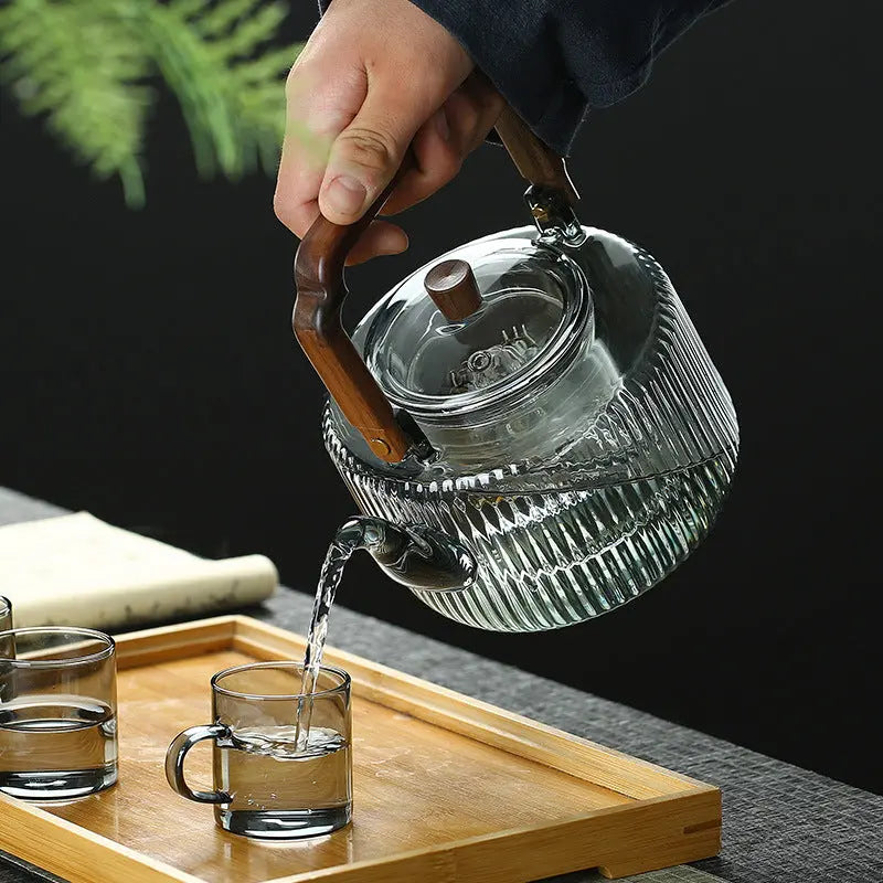 Théière Japonaise en Verre avec Anse Carrée en Bois 1.2L