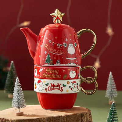 Théière de Noël en Céramique Rouge Motif Père Noël