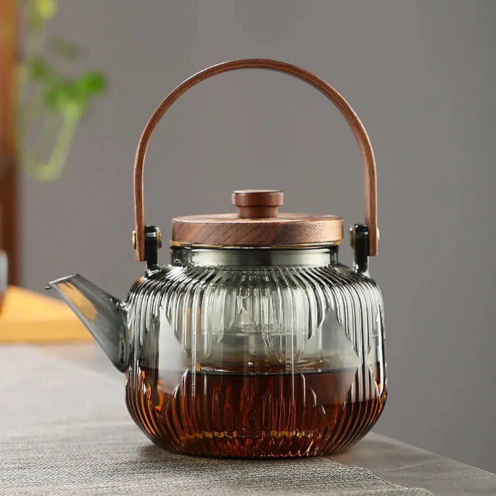 Théière 800ml En Verre Borosilicate Avec Infuseur Amovible Et Manche Bois - Résistante Chaleur