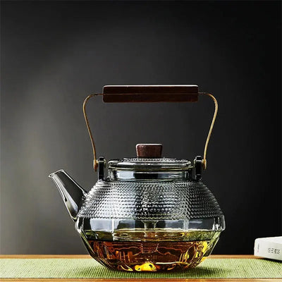 Théière en Verre à Points et Manche Bois 1L