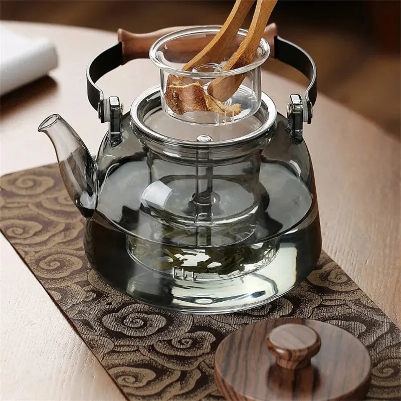 Théière en Verre et Bois Grise Transparente 900ml