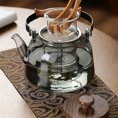 Théière en Verre et Bois Grise Transparente 900ml