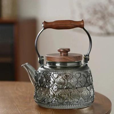 Théière en Verre et Bois Grise Transparente Embossée 900ml