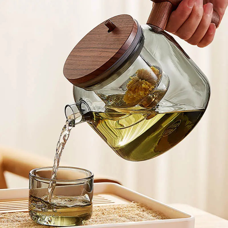 Théière en Verre et Bois ronde avec bouton infuseur 700ml