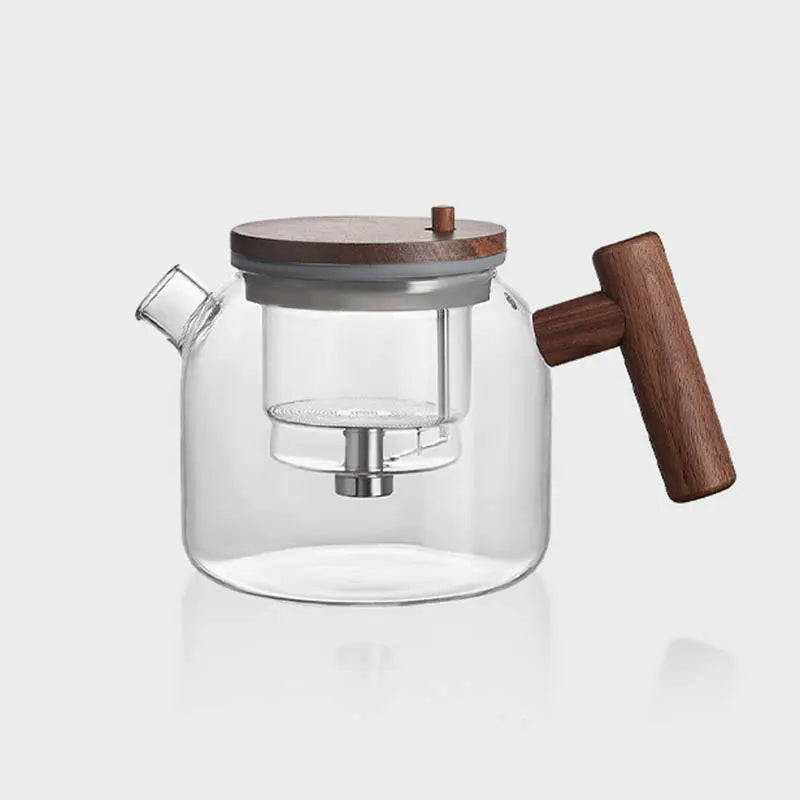 Théière en Verre et Bois ronde avec bouton infuseur 700ml