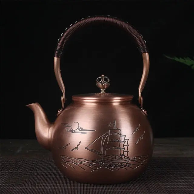 Théière Chinoise Ronde en Cuivre Voiliers 1.5L